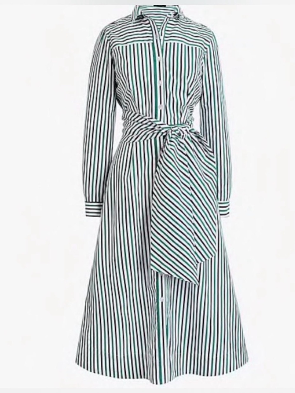 JCrew Striped Tie-Waist Shirt Dress in Green and White